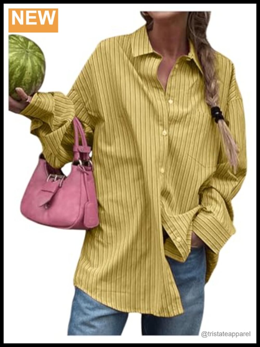 Oversized Striped Long Sleeve Button Down Shirt Collared Blouse with Pocket